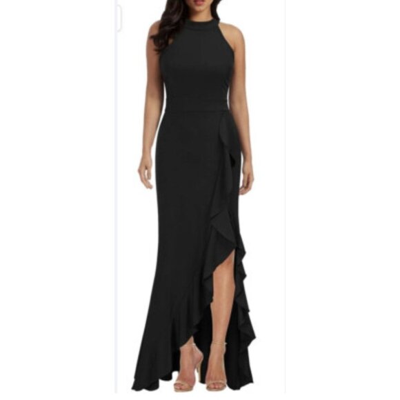 Elegant XXL Womens Black Formal Mermaid Sleeveless Halter Maxi Dress Ruffle - Picture 1 of 12